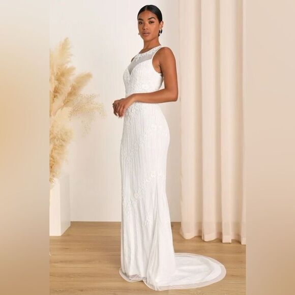 Lulus Modern Fairytale White Mesh Beaded Sequin Mermaid Maxi Dress Small NEW - Picture 4 of 16